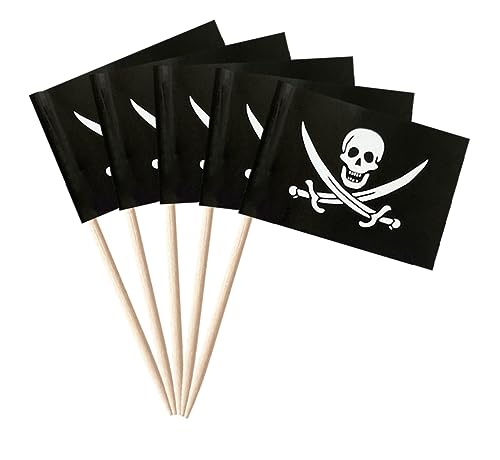 stidsds 100 Pcs Pirate Jack Rackham Flag Pirate Jolly Roger Toothpick Flags Mini Small Pirate Jack Rackham Cupcake Toppers Stick Flags Banner Party Cocktail Fruit Decoration