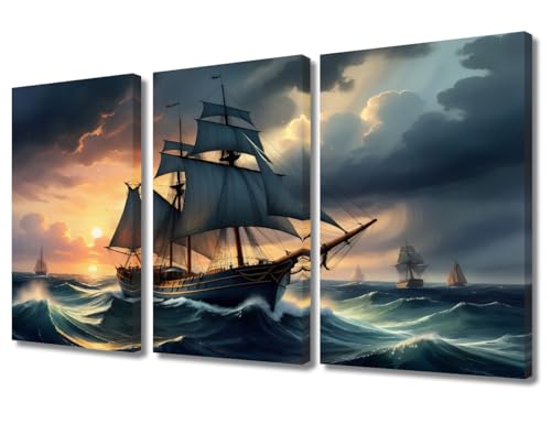 Wall Art Decor Painting on Canvas Pirate Ship Nautical Pictures for Home Walls Wooden Ship Illustration Office Wall Art Framed Modern Artwork for Living Room Bedroom Ready to Hang 36x24 in