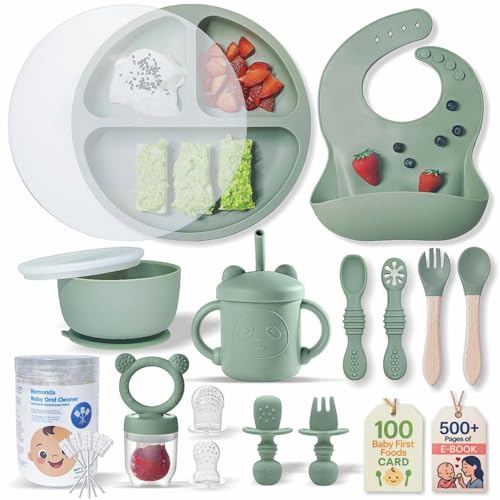 Image of Remonda BPA-Free Silicone Baby Feeding Set | Extra Large Suction Plates, Toddler Bowls, Self Feeding Utensils, and More | Dishwasher Safe| Baby Led Weaning Supplies (Green)