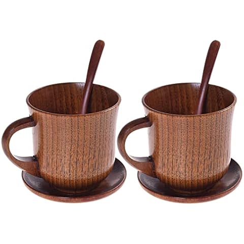 TXIN 2 Sets Wooden Mugs Vintage Teacups Coffee Espresso Cups Handmade Wood Drinking Cups with 2 Saucer and 2 Spoon for Coffee Tea Beer Water Juice Milk, 13.5oz/ 400ml Cover