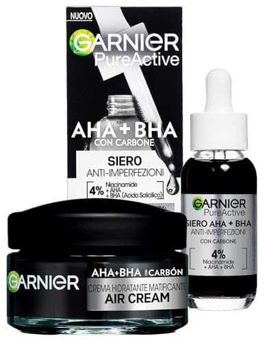 Garnier Air Cream Crema Viso Idratante Matificante AHA BHA con Carbone 50ml + Garnier PureActive Siero Anti Imperfezioni con Carbone Niacinamide AHA BHA Trattamento Brufoli Punti Neri da 30ml