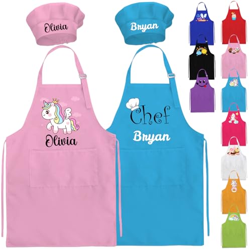 Nevaou Ensemble Personnalisé de Tablier et Chapeau de Chef pour Enfants - Cadeau pour Filles et Garçons - Tabliers pour Enfants Personnalisés avec Nom -...