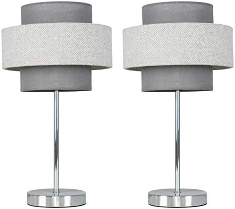 Pair of - Modern Polished Chrome Touch Bedside Table Lamps with a Dark Grey & Light Grey Herringbone Shade - Complete with 5w LED Dimmable Bulbs [3000K Warm White]
