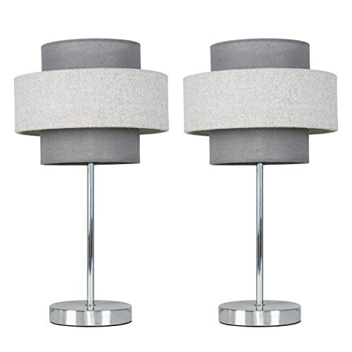 MiniSun | Modern Polished Chrome Touch Table Lamps with a Grey Herringbone Shade | Table Lamps, Home Décor & Improvement Essential | Set of 2 | Includes 5W LED Bulbs [3000K Warm White]