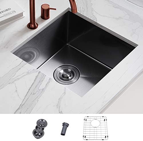 Bar Sink Kitchen Sink Stainless Steel Undermount Single Bowl with Bottom Dish Grid, Basket Strainers Assembly, Mounting Hardware, 15"x17", Black