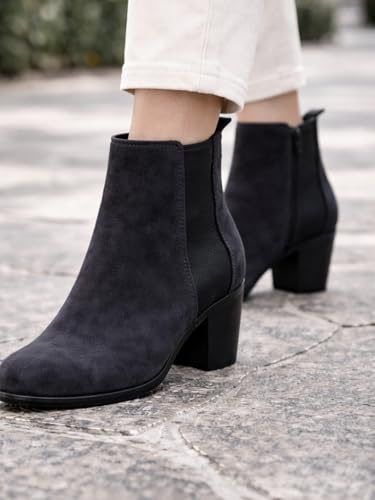 Image of Women's Ankle Boots with Block Heel | Side Zip Closure | Faux Suede Finish | Casual & Party Footwear Booties
