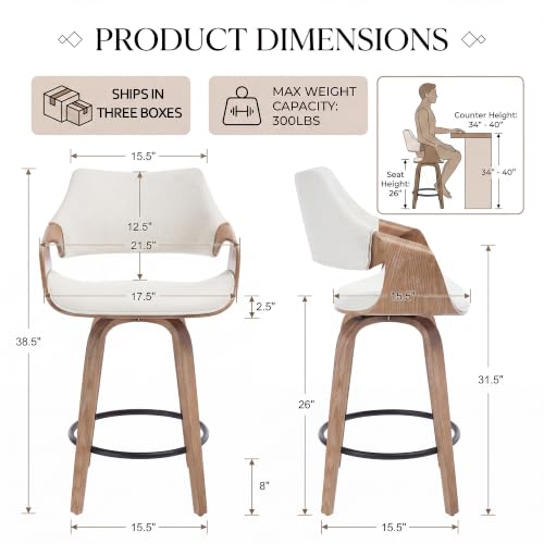 Image of HNY 26 inch Swivel Bar Stools Set of 5, Beige Linen Counter Height Barstools | 360 Swivel Bar Height Stools, Barrel Backrest, Solid Wood Frame, Round Footrest, Counter Stools for Kitchen Island, Home Bar