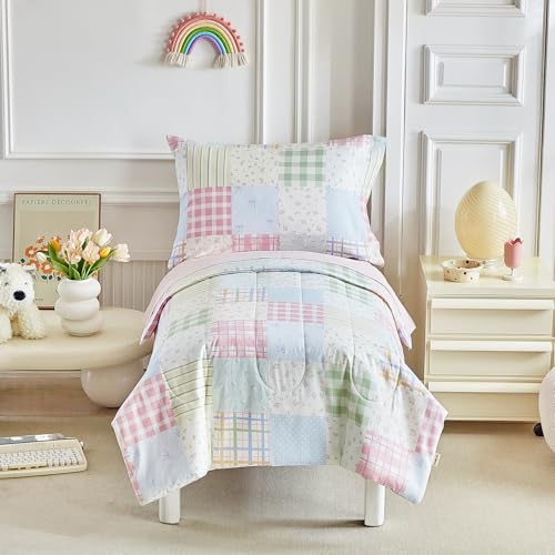 Image of Joyreap 4 Piece Cotton Toddler Bedding Set- Gingham Check Patchwork Design, Toddler Comforter Set for Girls, Includes Quilted Comforter, Fitted Sheet, Top Sheet, and Pillow Case
