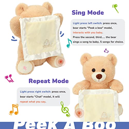 Hopearl Peek A Boo Bear with Security Blanket Interactive Repeats What You Say Plush Teddy Bear Toy Musical Singing Talking Stuffed Animal Adorable Electric Animate Birthday Festival, Beige, 11'' by Hopearl - Image 4