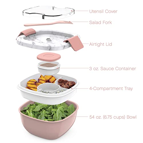 Bentgo® Salad - Stackable Lunch Container With Large 54-Oz Salad Bowl, 4-Compartment Bento-Style Tray For Toppings, 3-Oz Sauce Container For Dressings, Built-In Reusable Fork & Bpa-Free (Blush Marble) #TOP4