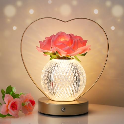 AMWGIMI Rose Flower Lamp,Birthday Gifts for Women,Rechargeable Cordless LED Touch Lamps,3-Colour Infinitely Dimming Small Night Light,for Living Room,Dining Room,Bedroom Festival Home Decor by AMWGIMI - Used condition - US$22.71