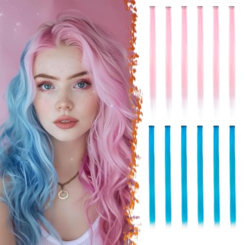 BARSDAR Colored Hair Extensions Clip in - 22 Inch 12 PCs Highlights Pink and Blue Clip in Hair Extensions Straight Synthetic Clips in Hairpieces for Women Halloween Christmas Costume - Pink & Blue