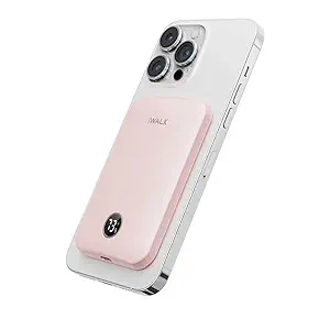 iWALK Magnetic Slim Portable Charger,5000mAh 18W Wireless Power Bank Battery Pack with LED Display and Comfortable Grip Only Compatible with iPhone 15/15 Pro/15 Pro Max/14/13/12 Series,Pink