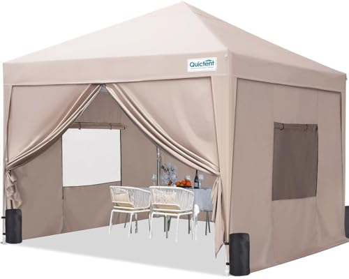 Quictent Cenador plegable de 3 x 3 con 4 paneles laterales, con ventilación, resistente al agua, estable, resistente al invierno, con 4 bolsas de arena y bolsa de ruedas, color beige