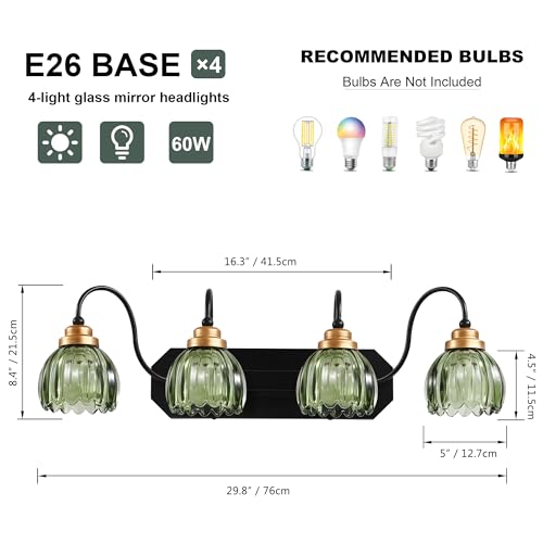 Image of Vintage Gold Bathroom Light Fixtures, 4 Light Green Tulip Crystal