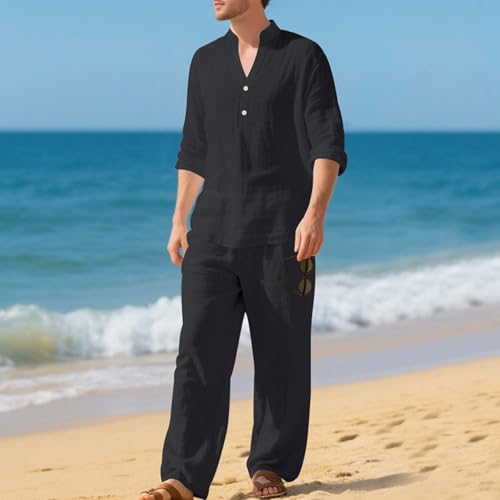 Men's Linen 2-Piece Suit Set Stand Collar Solid Casual Fashion Botton Up Shirt Breathable Long Pants Beach Sets2