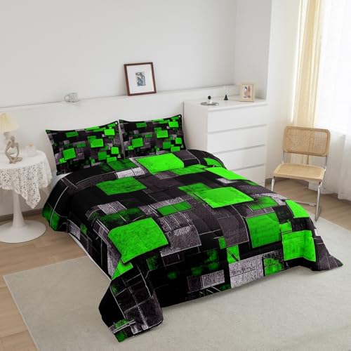 Image of Feelyou Twin Size Geometric Grid Comforter Set Green Black Bedding Set Abstract Art Comforter Boys Girls Geometrics Duvet Insert Kids Bedroom Decor 2Pcs