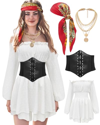 minkasic Women Pirate Costume Dress with Corset Accessories Long Sleeve Romper Short Off Shoulder Dress