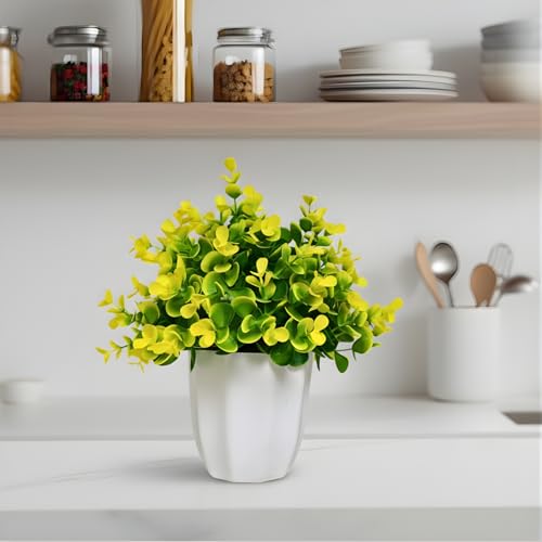 Image of fancymart Artificial Plant Eucalyptus Yellow Bunch in Pot - 22 cm Height, Perfect for Tabletop Decoration | Ideal for Home & Office Decor