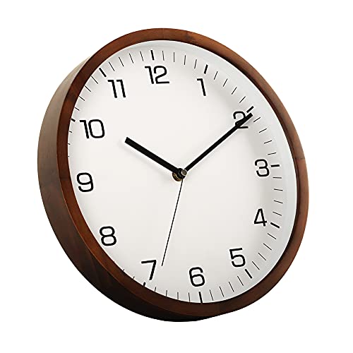 Aromustime 12 Inches Round Wooden Wall Clock Battery Operated Silent Non-Ticking,Metal Pointer&Glass Cover, For Office Kitchen Bedroom Classroom&Living Room, Brown #TOP2