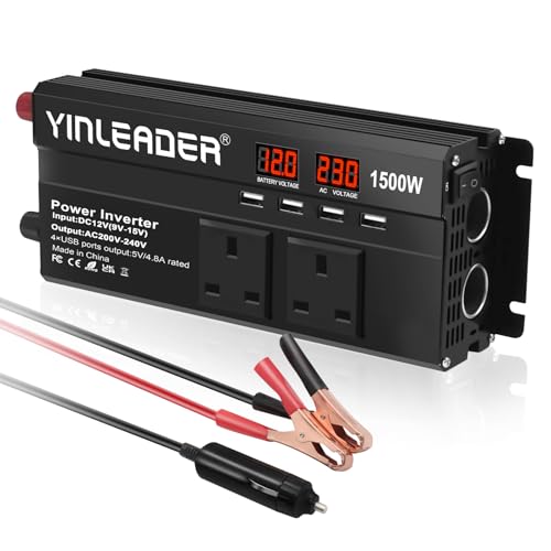 Power Inverter 12V to 240V 1500W 2 AC Sockets & 2 Cigarette Lighter Sockets Dual LED Display 4 USB Ports Car Converter