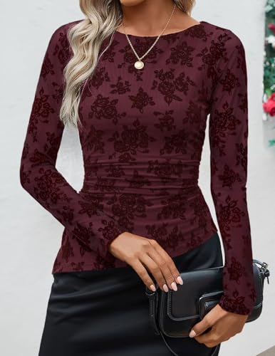Image of ZESICA Womens Floral Long Sleeve Shirts 2026 Spring Boat Neck Mesh Ruched Tops Fitted Asymmetrical Going Out Blouses