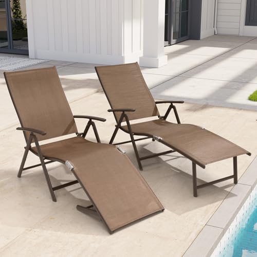 Crestlive Products Chaise Lounge Chair Outdoor Set of 2, Aluminum Folding Patio Recliner Chair, Adjustable 8 Positions Assemble-Free Perfect for Beach, Yard, Pool, Deck