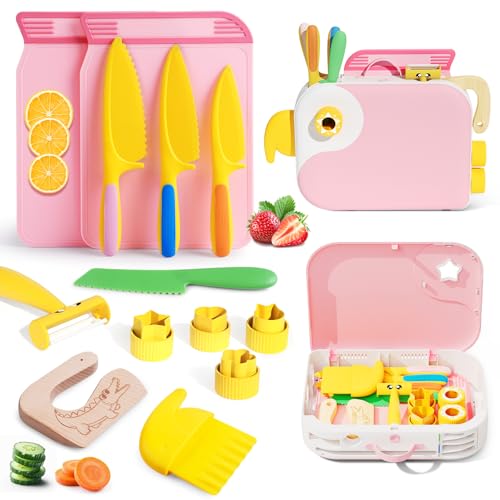 Kids Kitchen Knife Set for Real Cooking with Storage Box Pink, Montessori Kitchen Toy with Cutting Board, Plastic Toddler Knives, Peeler, Wooden Safe Knife for Age 3 4 5 6 7 8
