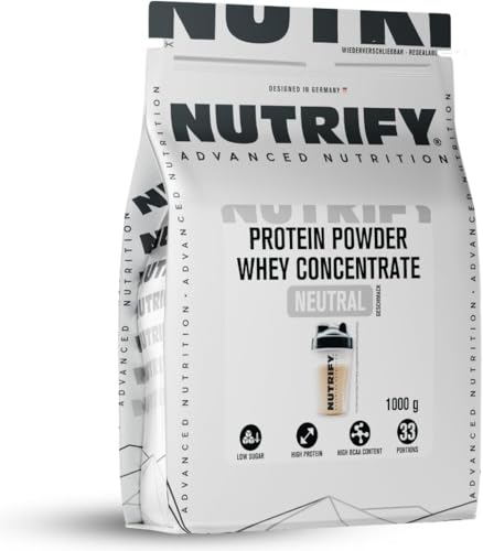 NUTRIFY Polvo de proteína de suero de leche, 5 x 1 kg, neutro, batidos de proteínas para deportes de fuerza y fitness, 21 g, soluble, bajo en azúcar, concentrado de proteína en polvo, 165 porciones