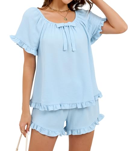 Image of KFUBUO Womens Pajamas Set 2 Piece Ruffle Pj Soft Short Sleeve Tops and Shorts Sleepwear Set Cute Pajama Sets for Women