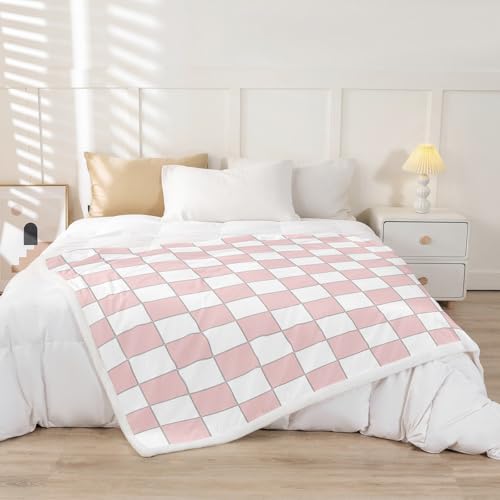 Image of Erosebridal White Pink Plaid Throw Blanket Twin 60 inchX80 inch Light Pink Checkerboard Fleece Bed Blanket for Kids Girls Teen,Checkered Grid Sherpa Blanket Modern Aesthetic Geometric Fuzzy Blanket