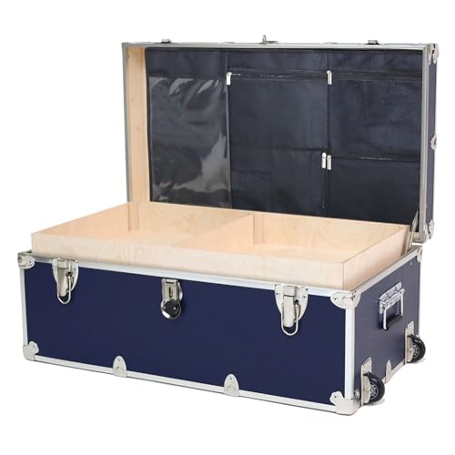 Image of Large Essential Trunk With Wheels, Tray, & Lid Organizer - 32 inchx18 inchx14 inch, 1000+ lbs Capacity. Strong, USA Made Summer Camp Footlocker, and Secure College Dorm Storage Chest