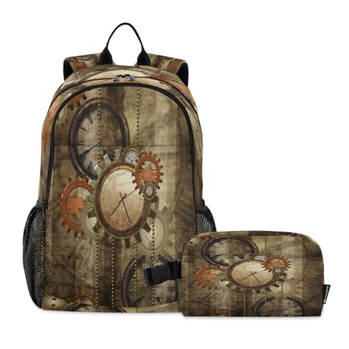 ALAZA Steampunk Clocks and Gears Vintage Kids Backpack Elementary Girls Boys Bookbag Rucksack Primary School Bag Backpack Set with Lunch Bag