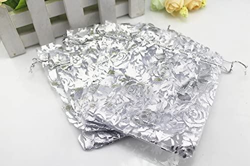 Image of 100 Pack 3.5 x 4.7 Inch Organza Jewelry Gift Pouch B921, White White Flower | Candy Pouch, Drawstring, Wedding Favor Bags
