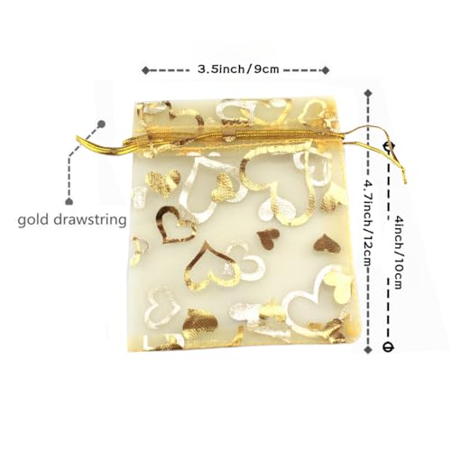 Image of 100 pcs 3.5 x 4.7 Inch Flower Heart Organza Jewelry Gift Pouch Candy Pouch Drawstring Wedding Favor Bags X92 (gold gold heart)