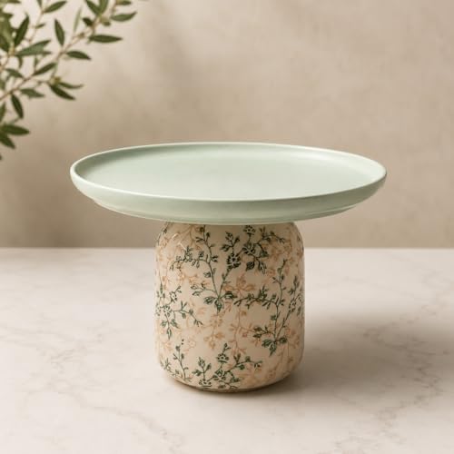 Round Ceramic Serving Plate Cylindrical Base Green & Beige Floral Patterns Light Green