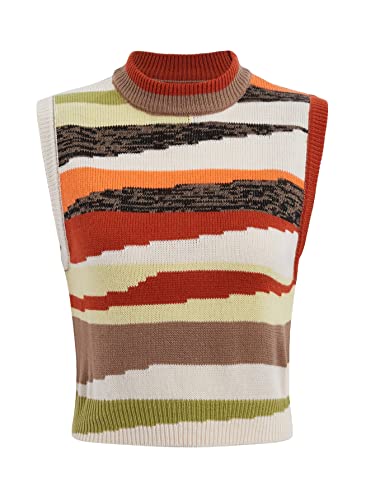 Soly Hux Women's Color Block Striped Print Crop Sweater Vest Mock Neck Sleeveless Knitwear Tank Tops Black White Multi L #TOP12