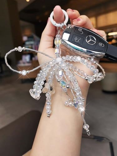 Cute Phone Charm Crystal Beaded Bowknot Phone Chain with Tether Tab Bling Butterfly Cellphone Strap Car Key Purse Pendants