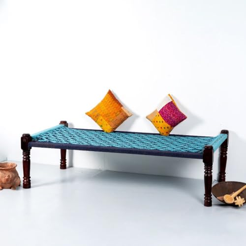 Image of Solid Sheesham Wood Charpai Khat Bed | Wooden Khatiya Charpai Desi | Handcrafted Khatiya Bed with Cotton Rope | Strong Khat for Indoor & Outdoor Use | 6X3 Feet | Light and Dark Blue