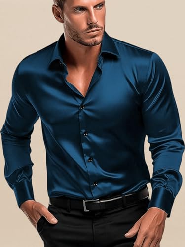 Image of IndoPrimo Men's Satin Shirt with Spread Collar Neck Line Solid Pattern Full Sleeves Regular Fit Western Style and Standard Length