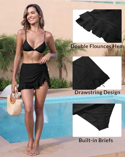 Pinup Fashion High Waisted Swim Skirt - Women Drawstring Ruched Bathing Suit Bottoms with Built-in Brief4