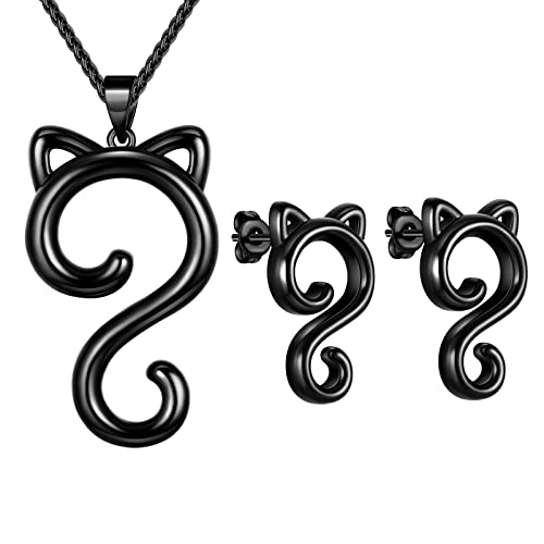 beautlace Cute Cat Necklaces/Stud Earrings Set Black Gun Plated Lovely Cats Animals Jewelry Set Gifts for Women KS0021K
