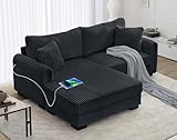 SUNWAVE L-Shaped Sectional Sofa, Oversized Loveseat Corduroy Couch with Reversible Chaise, USB Charging Port, Side Pocket, Deep Seat Corner Couch for Living Room, Apartment (Dark Gray)