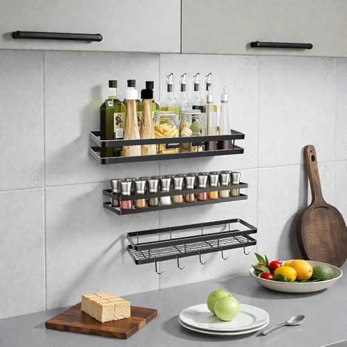 Image of Wall Mounted Spice Rack Organizer Hanging Spice Seasoning Rack bathroom Shelf Holder with 5 utensils hanging hooks Organizer Storage for Kitchen Cabinet (set of 3)