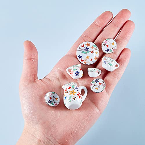 15 Pieces Miniature Porcelain Tea Cup Set Kitchen Miniature Porcelain Set Mini Flower Pattern Teapot Cup Plates Set Dollhouse Kitchen Accessories Set (Bright Floral Style) #TOP13