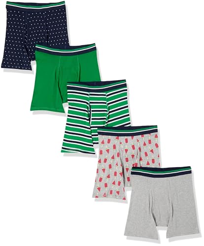 Amazon Essentials Men's Underwear Boxer Briefs, Comfortable Cotton, Tag-Free, Pack of 5, Dots/Green/Grey Heather/Popsicle/Stripe, Medium