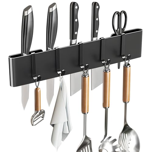 Knife Holder for Wall Mount-Knife Strips with Hooks Stainless Steel Wall Knife Rack-Knife Block-Knife Rack-Utensil Hanger-Kitchen Utensil Holder (Black, 30 CM+5 Hooks)