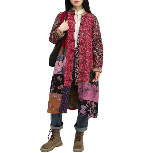 Women’s Flower Patchwork Coat Cotton Linen Trench Coat Women Jacket Vintage Boho Long Overcoat with Pockets