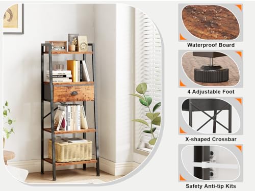 Image of Furologee 4 Tier Ladder Shelf, Narrow Ladder Bookshelf with Drawer, Modern Freestanding Bookcase, Storage Shelves Organizer for Bathroom,Kitchen,Bedroom,Living Room,Rustic Brown
