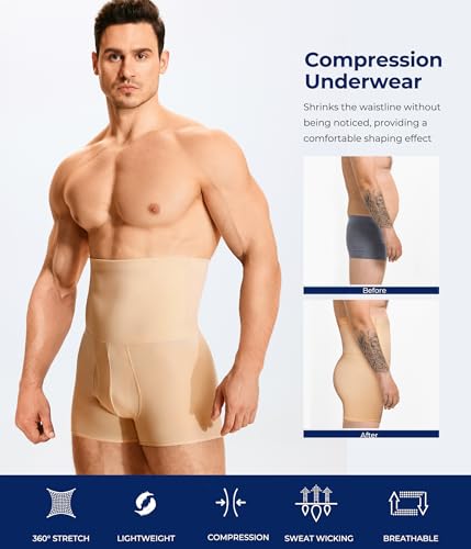 TAILONG Men Tummy Control Shorts High Waist Slimming Underwear Body Shaper Seamless Belly Girdle Boxer Briefs (Beige, 2XL)